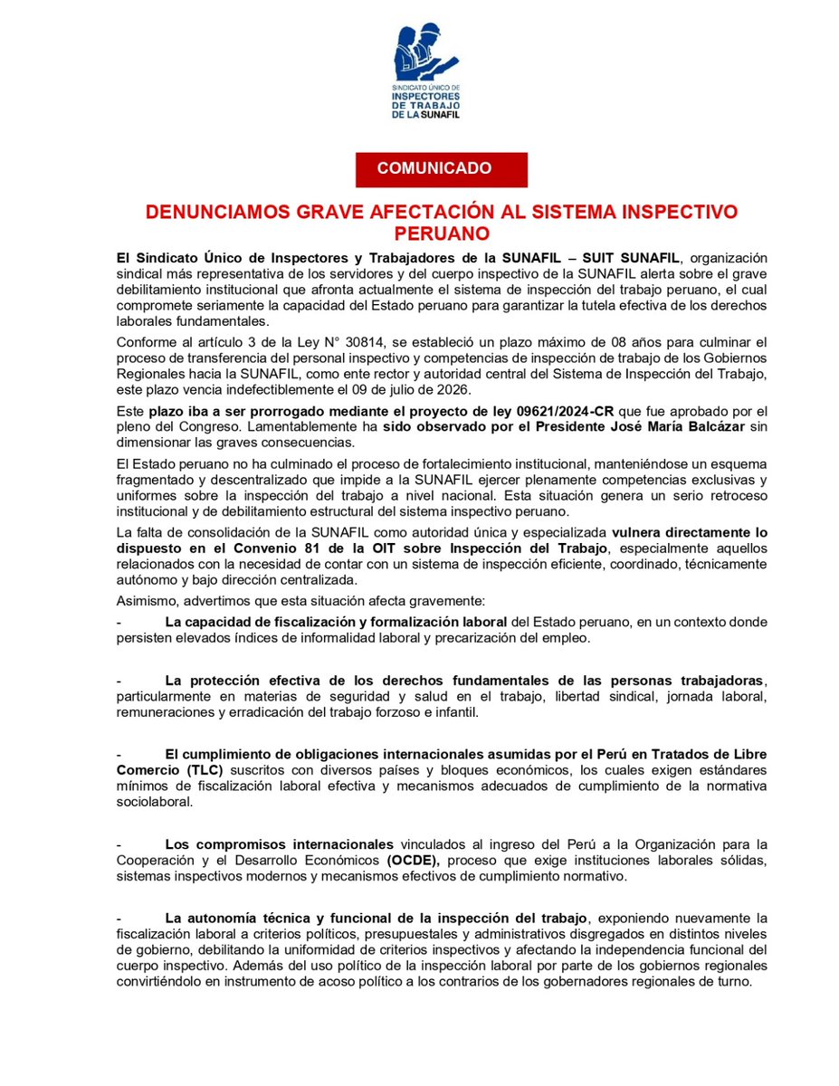 SuitSunafil's tweet photo. Grave afectación al sistema inspectivo en @SunafilPeru miles de trabajadores afectados +40 inspectores cesados @presidenciaperu @MTPE_Peru @flaviocruzperu @canalN_ @RPPNoticias @larepublica_pe @atv_noticias @elcomercio_peru @Gestionpe @exitosape @OITAndina https://t.co/brZru8vqct