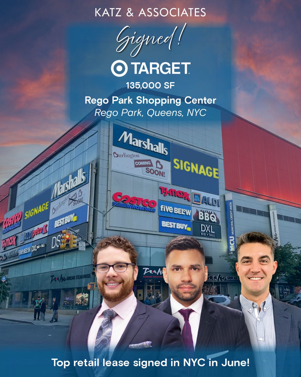 katzretail's tweet photo. Target is coming to the Rego Park Shopping Center in Rego Park, Queens, NYC. Congrats to Katz’s Daniel D. DePasquale, Michael Peguero, &amp; Sean Philipps, who repped ownership in the 135K SF lease, &amp; to Benjamin Weiner &amp; Jeffrey Howard from Ripco, who repped Target. https://t.co/ip3n4UpZDG