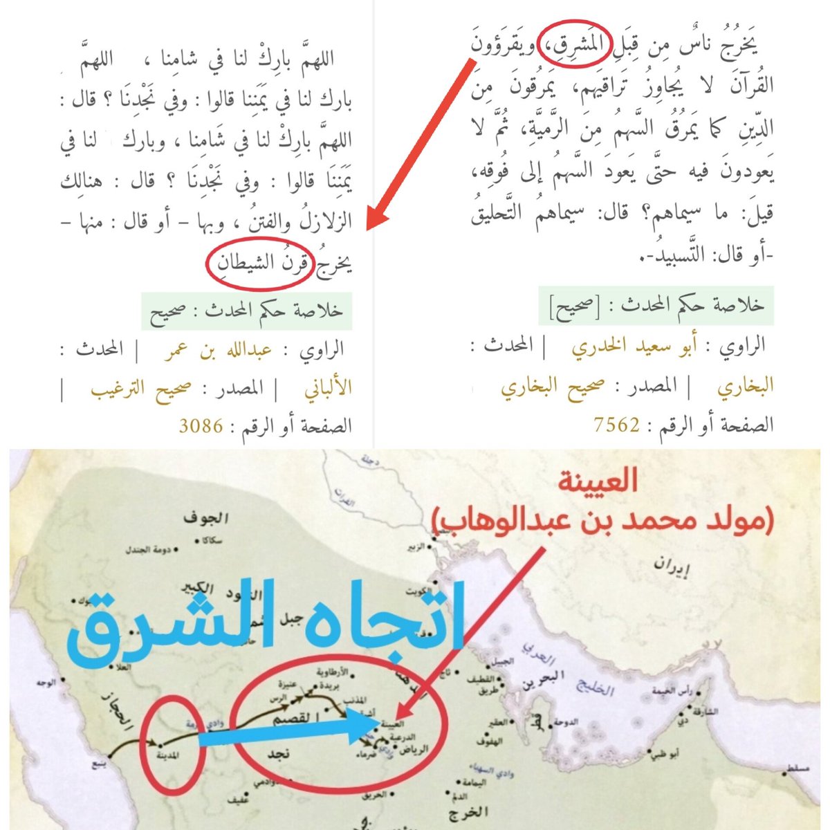 zhm8412's tweet photo. @roxtiis حديث الرسول صلى الله عليه وسلم عن الخوارج:

🔴أنهم سوف يخرجون من جهة المشرق عن المدينة

🔴حديث آخر أن (نجد) يخرج منها قرن الشيطان(الفتنة)

🔴المشرق عن المدينة بشكل مستقيم ١٠٠٪ تجد (نجد) وفيها (العيينة)

(العيينة) التي خرج منها محمد بن عبدالوهاب هي في نجد https://t.co/p6M5cePCah