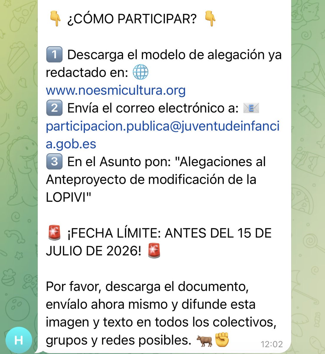 IsabelMonjeH's tweet photo. Acabo de enviar por email mis…

Alegaciones a la LOPIVI: pide que se proteja a la infancia de la violencia taurina antes del 15 de julio

¡Únete a la iniciativa y comparte en tus redes!

https://t.co/ATK8cuFpAz

https://t.co/TJU63X3CR4

#FelizViernes #10jul #NoEsMiCultura https://t.co/rQBfL4DWiS