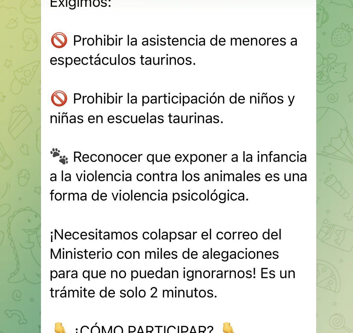 IsabelMonjeH's tweet photo. Acabo de enviar por email mis…

Alegaciones a la LOPIVI: pide que se proteja a la infancia de la violencia taurina antes del 15 de julio

¡Únete a la iniciativa y comparte en tus redes!

https://t.co/ATK8cuFpAz

https://t.co/TJU63X3CR4

#FelizViernes #10jul #NoEsMiCultura https://t.co/rQBfL4DWiS