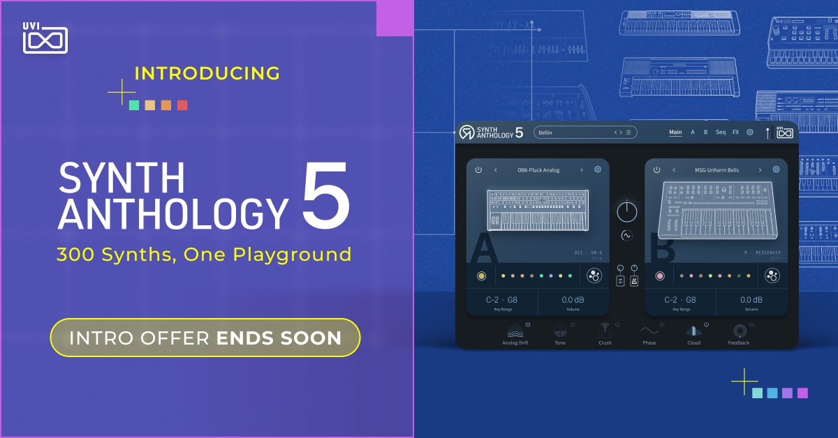 UVIofficial's tweet photo. Get Synth Anthology 5 with intro price before it ends

The legendary sounds of electronic music, and explore endless new possibilities with the character of 300 synths, paired with a powerful and flexible dual-layer engine.

Available at https://t.co/Z0OoJdVZAh

#weareUVI https://t.co/h12seYyNqU