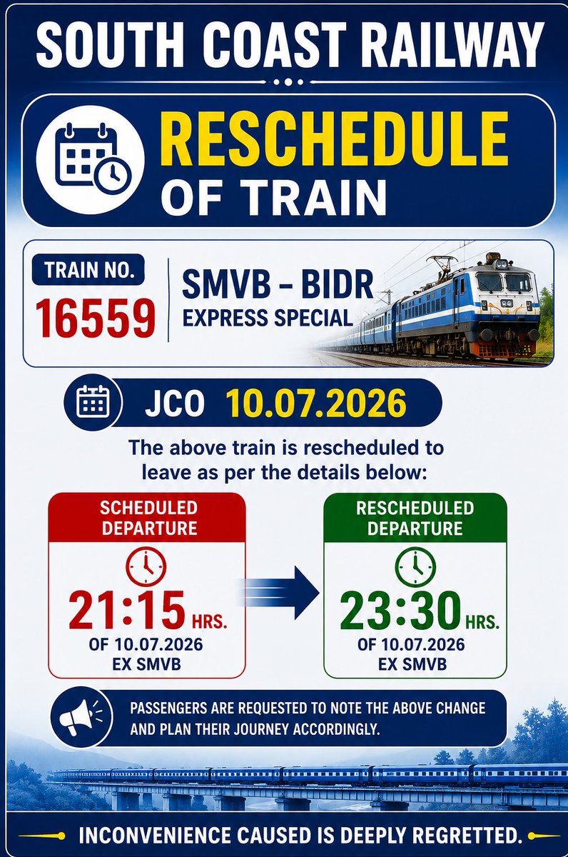 SCoRAILWAYVSKP's tweet photo. IMPORTANT NOTIFICATION
#RESCHEDULE
@RailMinIndia @drmgtl
@SWRRLY @SCRailwayIndia https://t.co/t0tLYLMCJp