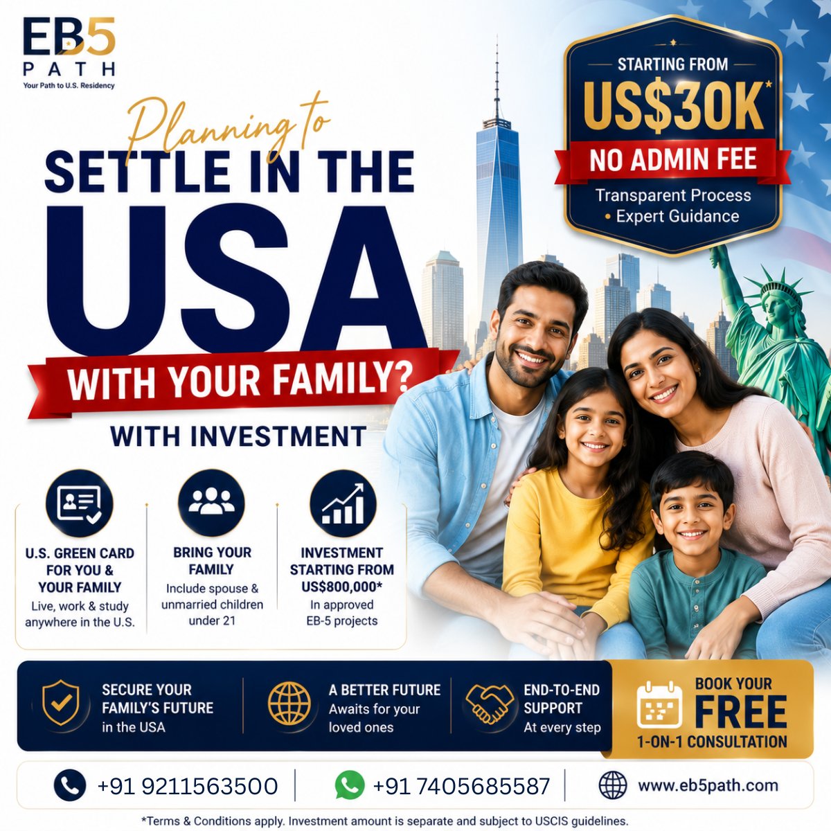 EB5Path's tweet photo. 𝐏𝐥𝐚𝐧𝐧𝐢𝐧𝐠 𝐭𝐨 𝐬𝐞𝐭𝐭𝐥𝐞 𝐢𝐧 𝐭𝐡𝐞 𝐔𝐒𝐀 𝐰𝐢𝐭𝐡 𝐲𝐨𝐮𝐫 𝐟𝐚𝐦𝐢𝐥𝐲?
The EB-5 #investmentprogram may provide a pathway to U.S. permanent residency for eligible investors and their qualifying family members.
🌐 https://t.co/VW1lRG790L
#EB5Visa #USAGreenCard https://t.co/1bBDJLvR5q