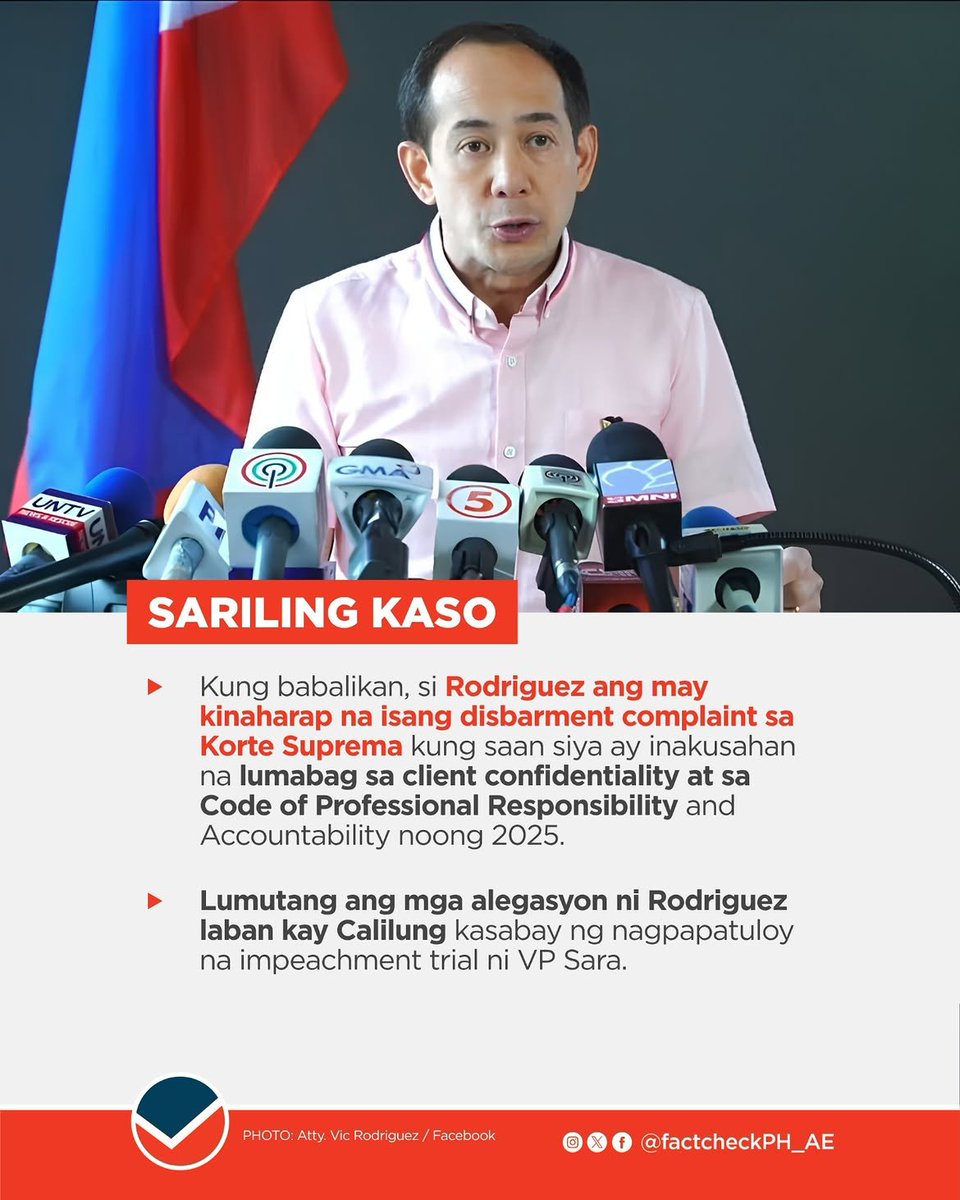 felamag's tweet photo. @nabunturanguy FALSE. Patong-patong ang kaso na kinahaharap ng witness sa impeachment ni VP Sara Duterte na si NBI Senior Agent John Mark Calilung, ayon kay Vic Rodriguez. Walang beripikadong batayan na nagpapatunay na si Calilung ay may mga pending criminal o administrative case. https://t.co/brydAoSOwl