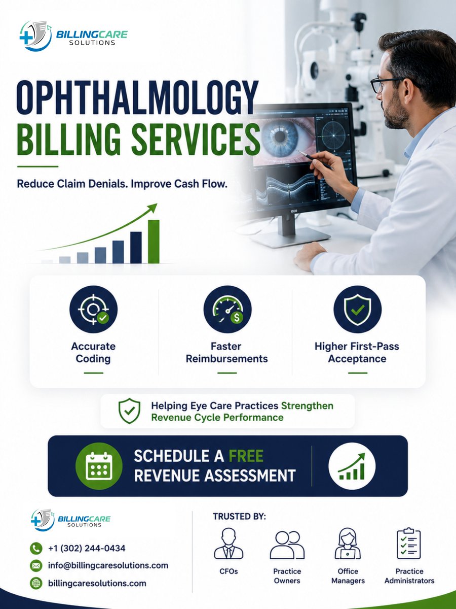 billingcaresol's tweet photo. Is your ophthalmology practice collecting every dollar it earns?

Coding errors, payer-specific requirements, and delayed reimbursements can quietly reduce profitability.

Our Ophthalmology Billing Services help eye care practices:

✔ Reduce claim denials
✔ Improve first-pass claim acceptance
✔ Accelerate cash flow
✔ Ensure coding compliance
✔ Maximize reimbursements

https://t.co/ksgQ27y2pX
Focus on exceptional patient care while we optimize your revenue cycle.
#OphthalmologyBilling #MedicalBilling #RevenueCycleManagement #RCM #PracticeManagement #PracticeOwner #PracticeAdministrator #HealthcareFinance #EyeCare #ClaimDenials