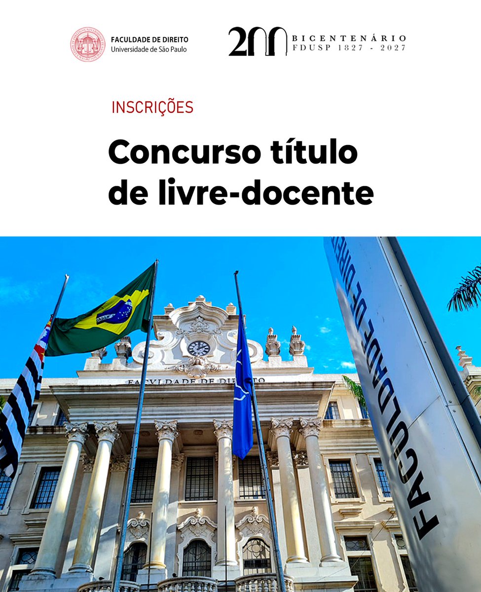 de_usp's tweet photo. A Faculdade de Direito da USP está com inscrições abertas de concurso para concessão do título de livre-livre-docente em todos os departamentos. Interessados têm até as 18h do dia 30 de julho de 2026 para efetivar a participação. É necessário ter doutorado. https://t.co/iGnGm1cIh1