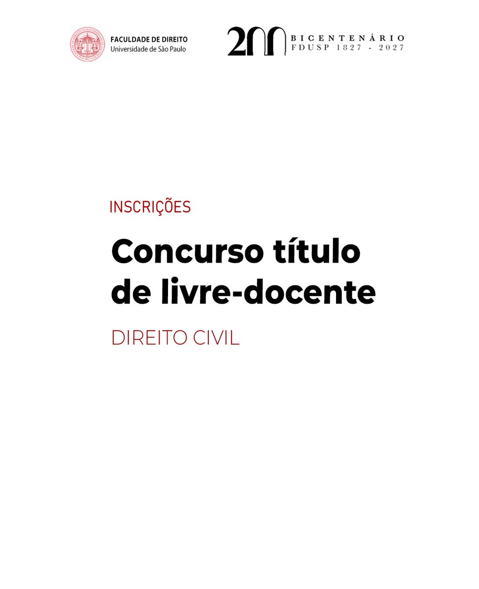 de_usp's tweet photo. A Faculdade de Direito da USP está com inscrições abertas de concurso para concessão do título de livre-livre-docente em todos os departamentos. Interessados têm até as 18h do dia 30 de julho de 2026 para efetivar a participação. É necessário ter doutorado. https://t.co/iGnGm1cIh1