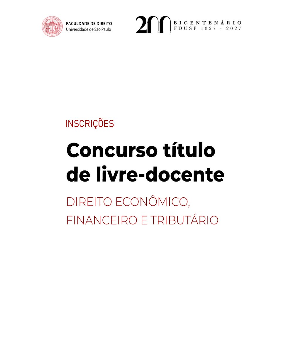 de_usp's tweet photo. A Faculdade de Direito da USP está com inscrições abertas de concurso para concessão do título de livre-livre-docente em todos os departamentos. Interessados têm até as 18h do dia 30 de julho de 2026 para efetivar a participação. É necessário ter doutorado. https://t.co/iGnGm1cIh1