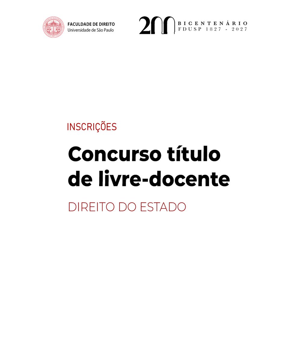 de_usp's tweet photo. A Faculdade de Direito da USP está com inscrições abertas de concurso para concessão do título de livre-livre-docente em todos os departamentos. Interessados têm até as 18h do dia 30 de julho de 2026 para efetivar a participação. É necessário ter doutorado. https://t.co/iGnGm1cIh1