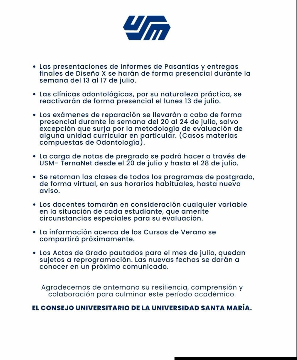 _lovelymizzy's tweet photo. Este fue el comunicado de la Santa María el 05 de Julio

- Evaluaciones Virtuales del 13 al 17 de julio
- Cada profesor deberá tomar en cuenta la situación de cada estudiante que amerite circunstancias especiales para su evaluación https://t.co/ZrhxBb6bi0