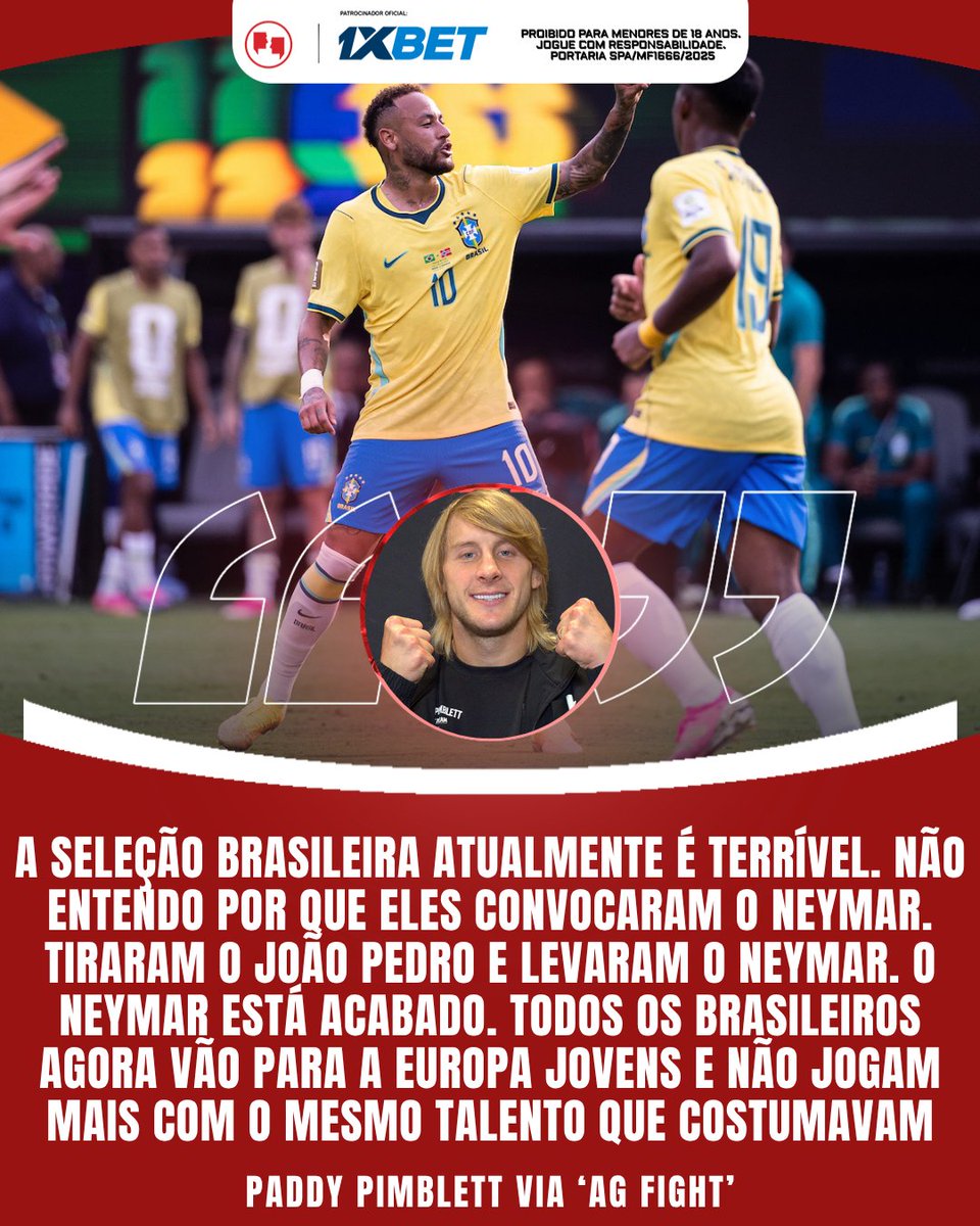 AgFight's tweet photo. "O NEYMAR ESTÁ ACABADO!" 😱

O Paddy Pimblett botou a boca no trombone e detonou a Seleção Brasileira. 🗣️

Fã de futebol, o inglês foi ainda mais crítico com Neymar e sua convocação para a Copa... ⚽️

Por essa vocês não esperavam, né? 

#Pimblett #Neymar #Copa #Futebol #UFC329 https://t.co/KRoqf0Lvi9