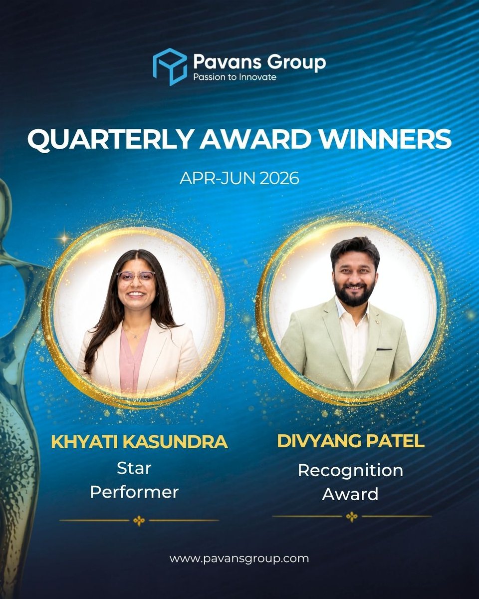 pavansgroup's tweet photo. Proud to celebrate our Q2 (Apr-Jun 2026) Award Winners!

🔥 Khyati Kasundra - Star Performer 
🔥 Divyang Patel - Recognition Award

Passion + Innovation = Real Impact. 

https://t.co/t8TrfA4A9l
#PavansGroup #TechExcellence #TeamWins #DigitalTransformation https://t.co/P62wnT4h5J