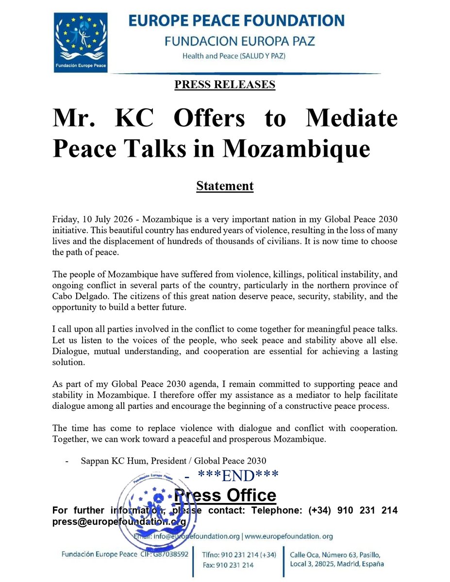 sappankc's tweet photo. Mozambique is a very important nation in my Global Peace 2030 initiative. I call upon all parties involved in the conflict to come together for meaningful peace talks.
https://t.co/MH7oQBTex8
@daniel_chapo24 https://t.co/iHy0KP8PTC