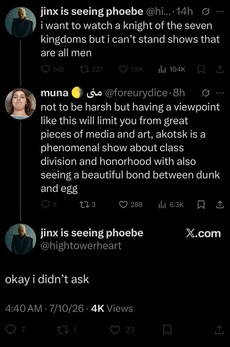 sullibible's tweet photo. This is why nobody takes the hotd fans who anti akotsk seriously. Like forcing urself to not watch a good show that ur admittedly interested in and then being bitchy to a real woman bc why ? How is feminism benefiting from this protest? Is Mastercard also our friend? Dickhead. https://t.co/L5Ot8a75D0
