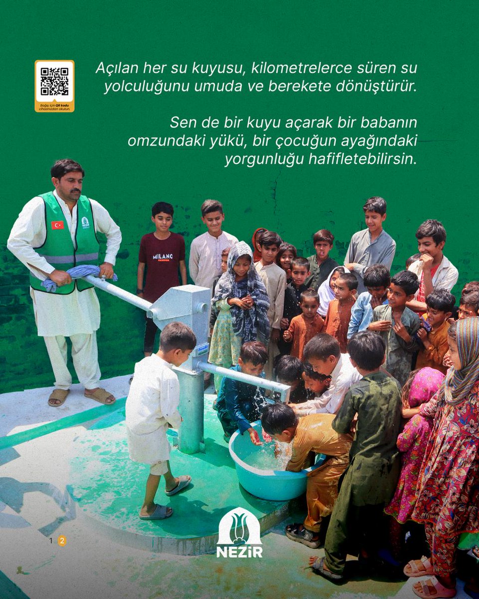 NezirDernegi's tweet photo. Temiz su, bazı coğrafyalarda kilometrelerce süren zorlu bir yolculuk demek.

Sen de bir kuyu açarak bir babanın omzundaki yükü, bir çocuğun ayağındaki yorgunluğu hafifletebilirsin.

1 Su Kuyusu Bedeli: 2.700 Dolar

1 Su Kuyusu Hissesi: 180 Dolar

🌐 Online su kuyusu bağışı: https://t.co/FJy89Dwe3e

☎️ 0216 420 76 76

💬 0501 285 76 76

#Nezir