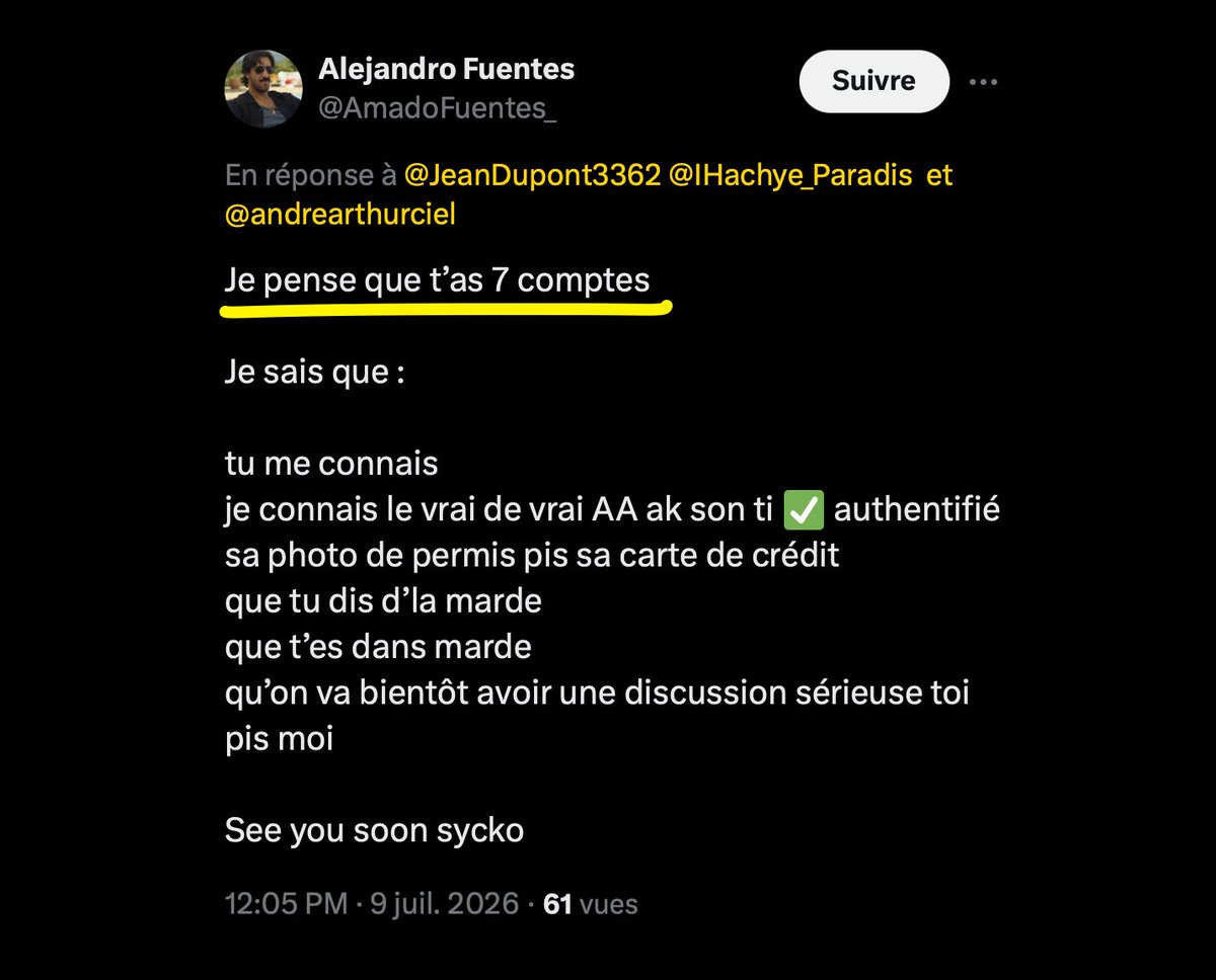 quebekistan's tweet photo. Complotisme. Paranoïa. Menaces. On connaît le profil. L'inconnu anonyme dit qu'il n'est pas AA et que la carte de crédit qui paie pour le compte le prouvera, mais il balade une capture où un ami (Fillion?) confirme qu'ils sont "plusieurs" à opérer le compte.

Il est 02h43. 

* https://t.co/VLsX8vdt0T