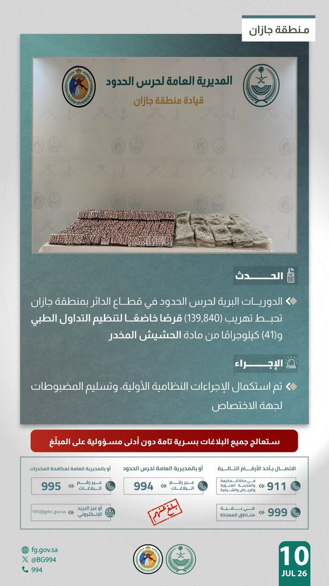 BG994's tweet photo. #حرس_الحدود بمنطقة جازان يحبط تهريب (139,840) قرصًا خاضعًا لتنظيم التداول الطبي و(41) كيلوجرامًا من مادة الحشيش المخدر.
#الحرب_على_المخدرات
#بالمرصاد https://t.co/17hbdC3DBx