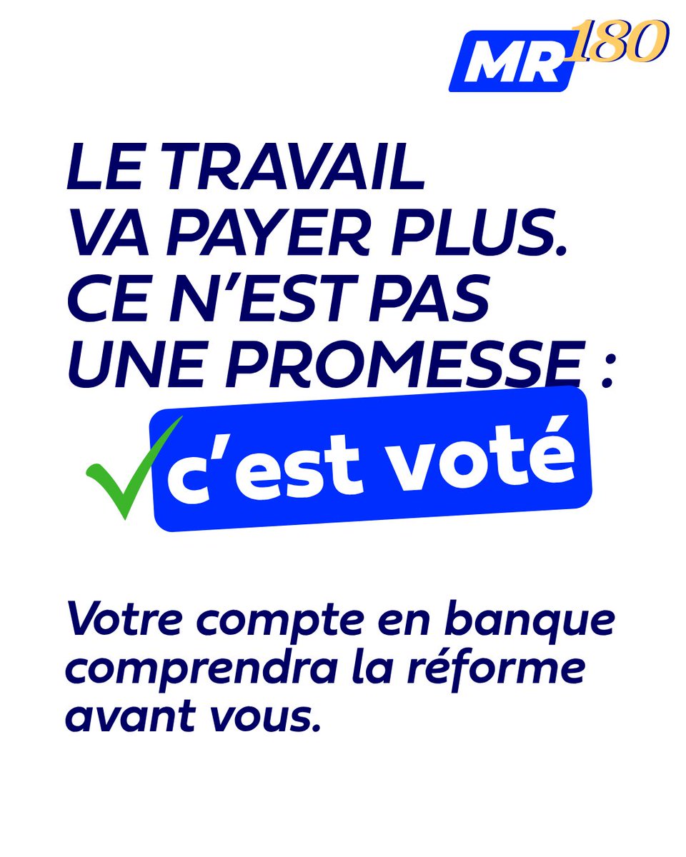 MR_officiel's tweet photo. 🗳️ La réforme fiscale est votée. Le travail va enfin payer davantage.

💶 Grâce à cette réforme, les travailleurs conserveront une plus grande part du fruit de leurs efforts.

✔️ Augmentation progressive de la quotité exemptée d’impôt jusqu’à 15.300 €.
✔️ Une baisse d’impôts pouvant atteindre plusieurs milliers d’euros par an selon les situations.
✔️ Une réduction de la cotisation spéciale de sécurité sociale.
✔️ Une déduction fiscale renforcée pour les indépendants.
✔️ Des avantages fiscaux accrus pour les familles.

🤝 Le travail paie plus. Avec le MR, ce n’est pas une promesse, c’est une promesse tenue.

✍🏼 Vous croyez en une fiscalité qui récompense le travail ? Rejoignez-nous : https://t.co/jwf7r8FvUt

#MR180 #PresidenceMR #FierDetreLiberal #LAvenirSEclaire #PromessesTenues
