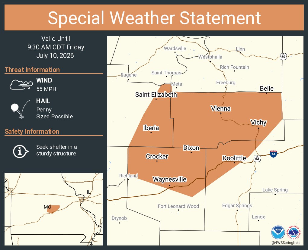 NWSSpringfield's tweet photo. A special weather statement has been issued for Waynesville MO, Saint Robert MO and  Dixon MO until 9:30 AM CDT https://t.co/XturbgkAlu