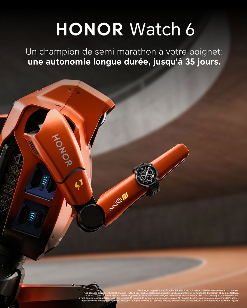 Honor_FR's tweet photo. Un champion de semi-marathon à votre poignet. 🤖🏃‍♂️

Une endurance hors norme, inspirée par les technologies de demain. 
Avec jusqu'à 35 jours d'autonomie longue durée sur une seule charge, la nouvelle HONOR Watch 6 ne vous laissera jamais tomber en plein effort. 🔋✨

Disponible dès maintenant : https://t.co/mKMlBtQljq
#HONORWatch6