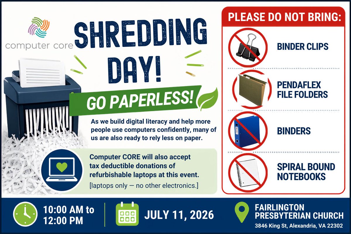 ComputerCORE's tweet photo. fall date TBD).
#ComputerCORE #CommunityShredding #GoPaperless #ProtectYourIdentity #DigitalLiteracy #LaptopDonation #AlexandriaVA #ArlingtonVA #Fairlington #FreeEvent #SecureShredding #FPC #GaryHughes https://t.co/0MrgBbHW8b