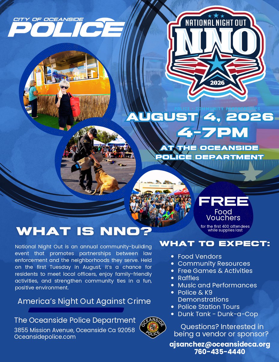 BioOneOceanside's tweet photo. Join us for National Night Out 2026—a community event bringing residents and local law enforcement together for a fun, family-friendly evening. 

More details below!

For inquiries or vendor opportunities:
📧 ajsanchez@oceansideca.org
📞 760-435-4400

We hope to see you there! https://t.co/ymkz3eqNJu