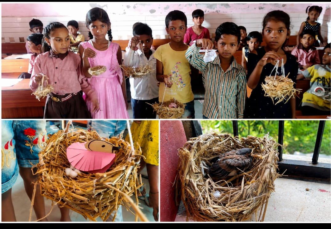 shikshansamvad's tweet photo. अनमोल रत्नों का अनमोल प्रयास।
बेसिक शिक्षा का बढ़ रहा विश्वास।।

बच्चों की अनूठी पहल बनी गौरैया का सुरक्षित आशियाना
कम्पोजिट पूर्व माध्यमिक विद्यालय बूढ़ाडीह, विकास खण्ड–भटहट, जनपद–गोरखपुर में सहायक अध्यापिका रेहाना शमीम के मार्गदर्शन में बच्चों द्वारा किया गया एक छोटा-सा प्रयास प्रकृति संरक्षण का प्रेरणादायक उदाहरण बन गया।
विश्व गौरैया दिवस (20 मार्च) के अवसर पर विद्यार्थियों ने सूखी घास, पुआल एवं अन्य प्राकृतिक सामग्री से गौरैया के लिए सुंदर-सुंदर घोंसले तैयार किए और उन्हें विद्यालय परिसर के सुरक्षित स्थानों पर लगाया।
कुछ समय बाद बच्चों की मेहनत रंग लाई। एक गौरैया ने बच्चों द्वारा बनाए गए घोंसले को अपना घर चुना और उसमें अंडे दिए। इसके बाद विद्यालय में ग्रीष्मकालीन अवकाश हो गया।
गर्मी की छुट्टियों के बाद जब बच्चे विद्यालय लौटे, तो उनकी खुशी का ठिकाना नहीं रहा। उन्होंने देखा कि घोंसले में अंडों से दो नन्हे चूजे निकल चुके थे। अब उनके पंख निकल आए थे और वे धीरे-धीरे पंख फड़फड़ाकर उड़ने का अभ्यास कर रहे थे। बच्चों ने इस अद्भुत दृश्य को उत्साह, जिज्ञासा और आनंद के साथ देखा।
सहायक अध्यापिका रेहाना शमीम ने बच्चों को बताया कि पक्षियों के लिए सुरक्षित आश्रय और अनुकूल वातावरण उपलब्ध कराना हमारी सामूहिक जिम्मेदारी है। इस गतिविधि के माध्यम से बच्चों में प्रकृति प्रेम, पक्षियों के प्रति संवेदनशीलता, जैव विविधता संरक्षण तथा पर्यावरण संरक्षण की भावना और अधिक सुदृढ़ हुई।
यह प्रेरक पहल सिद्ध करती है कि यदि बच्चों को सही मार्गदर्शन और अवसर मिले, तो उनके छोटे-छोटे प्रयास भी प्रकृति संरक्षण की दिशा में बड़े बदलाव ला सकते हैं। विद्यालय परिवार भविष्य में भी ऐसे नवाचारी एवं पर्यावरण संरक्षण से जुड़े कार्यक्रमों का आयोजन करता रहेगा।
साभार - रेहाना शमीम गोरखपुर