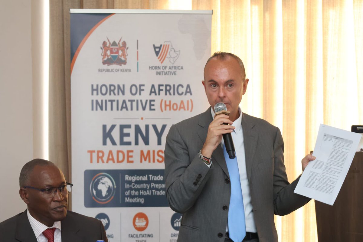 cgtnafrica's tweet photo. Kenya has concluded the final national trade consultation under the Horn of Africa Initiative (HoAI), partnering with Somalia, Djibouti, Ethiopia, and South Sudan to streamline cross-border trade. Key proposals to accelerate cargo clearance and lower transaction costs include modernizing border posts with fast-track lanes for priority goods, introducing regional electronic cargo tracking and digital road management systems, strengthening trade agreements, and launching a unified regional payment system. (📷: Trade_Kenya/X)