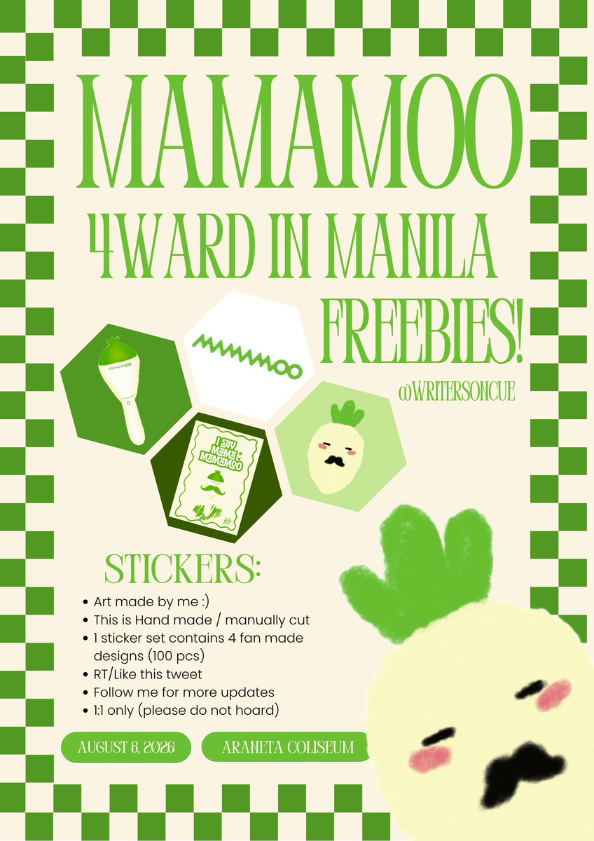WritersOnCue's tweet photo. MAMAMOO 4WARD CONCERT FREEBIES! 💚

Henlo, FiloMoos!   
I'll be giving away 100pcs sticker set. Art made by me! (same last year huhu wala na time to create new ones)
Exact time and location: TBA  

See you there! 

#MAMAMOO_4WARD #4WARDinMNL #MAMAMOOinPH https://t.co/wgI2KAA7lT