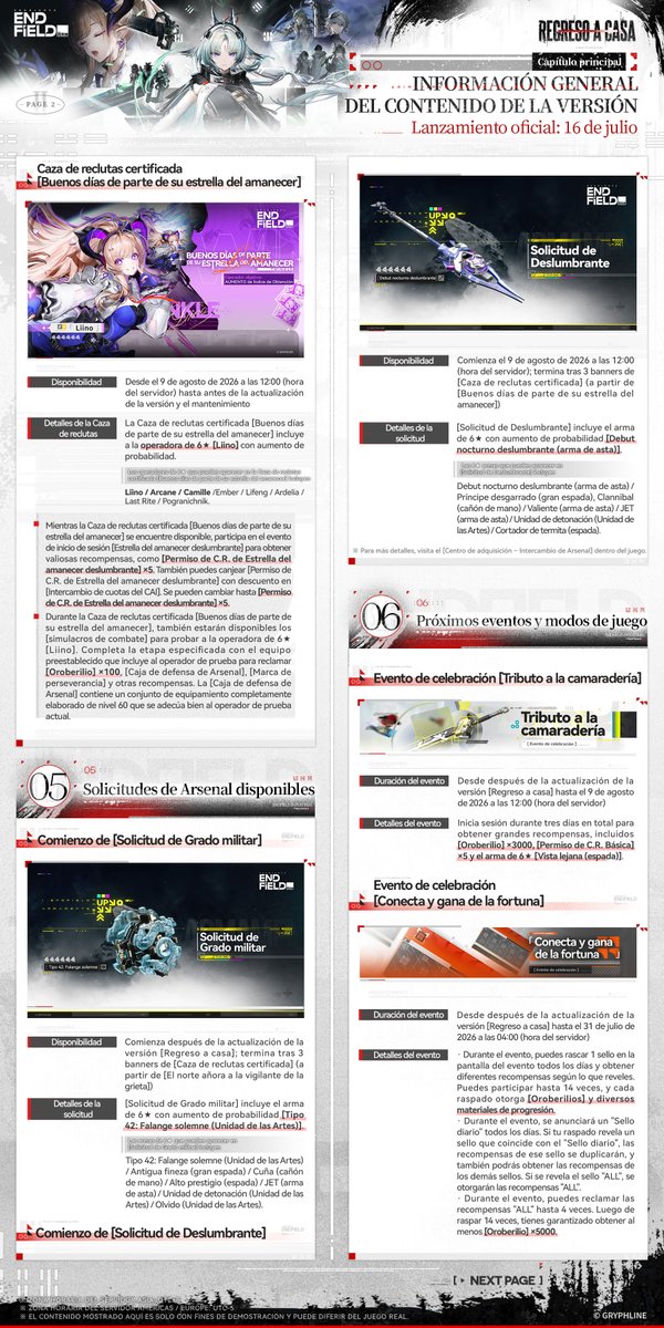 AKEndfieldES's tweet photo. La versión del capítulo principal de Arknights: Endfield, [Regreso a casa], se lanzará oficialmente el 16 de julio.

Aquí tienes un resumen del contenido de la versión [Regreso a casa]. Revísalo según sea necesario, Endministrator.
Sea miasma o abismo, no enfrentarás la grieta en soledad.
El pasado está cerca, pero nuestro viaje continúa. En Talos-II, avanzamos unidos.

※ Consulta la información dentro del juego para conocer los detalles específicos de cada evento.

#ArknightsEndfield #Endfield #CompanionshipCelebration