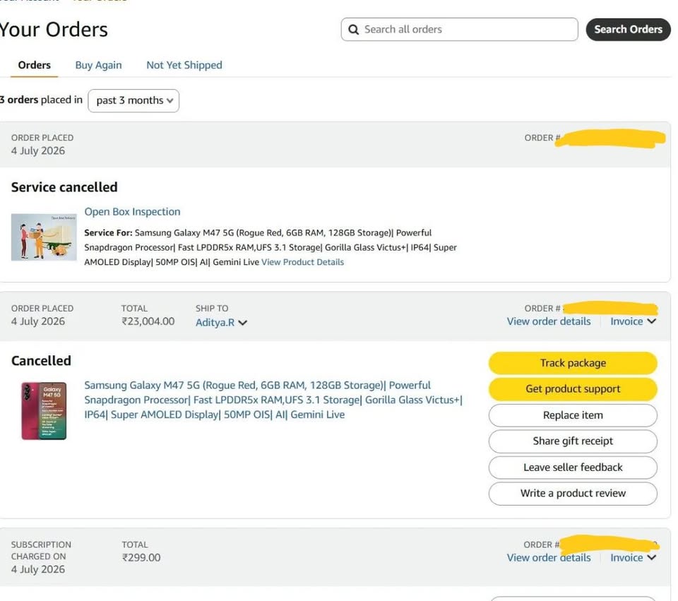 07aditya05's tweet photo. Dear @AmazonIN  @AmazonHelp, explain this. I paid ₹23K for a Samsung M47 during Prime Day. After waiting 6 days, your tracking says "Unable to contact", "Rejected by you", and "Damaged". I never rejected it. Now you're asking me to buy it again for ₹26K. Screenshots attached. https://t.co/Gh30NjGOGC