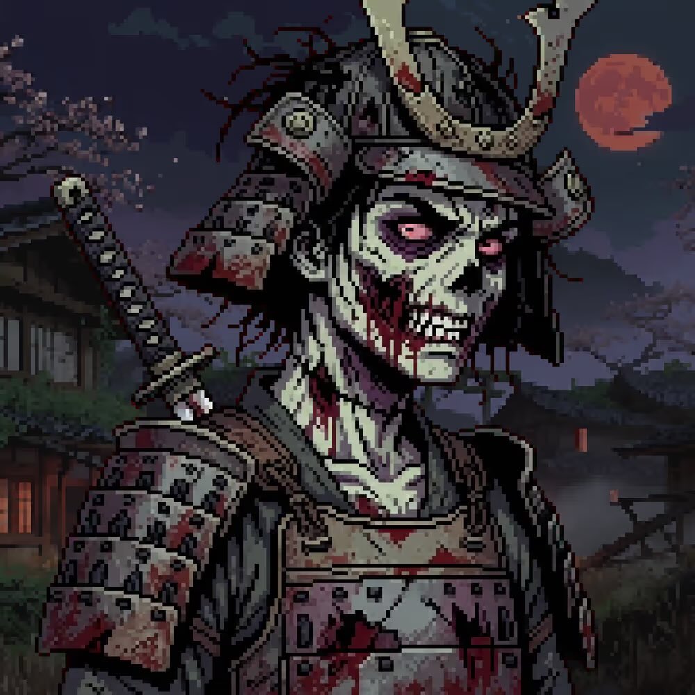 ShogunReborn's tweet photo. This is a beyond underrated project imho. 

@PixelatorCrew just revealed, and the art absolutely cooks. I revealed a GNARLY 1/1 that fits my aesthetic, so I had to PFP it! 

Something about the energy of it reminds me of Genuine Undead, which became a movement and powerful community.