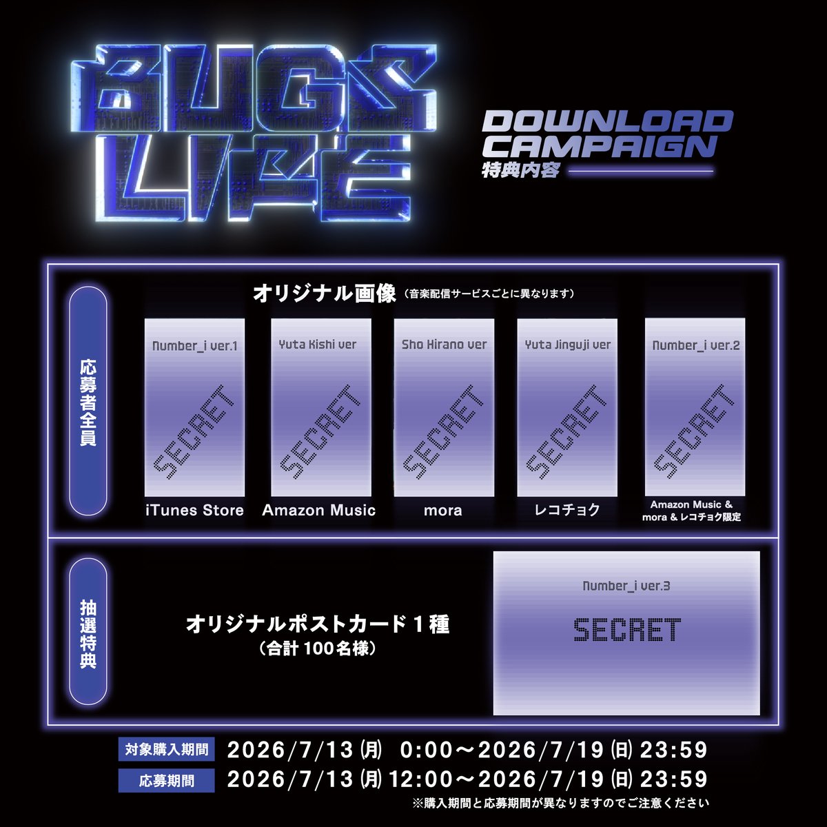 number_i_offic's tweet photo. Digital Single ｢BUGS LIFE｣ダウンロードキャンペーン開催決定！

詳細はキャンペーンページをご確認ください✔️
▶️https://t.co/fYEbAFqQPW

｢BUGS LIFE｣Pre-add/Pre-save はこちら✨
🎧 https://t.co/5oV4PFEFEG

#Ni_BUGSLIFE #Number_i

【お詫びと訂正】
先ほど投稿した｢BUGS LIFE｣ダウンロードキャンペーン告知画像内の【オリジナル画像の名称】に一部誤りがあったため、正しい画像に差し替えて再度投稿いたします。
記載に誤りがあり、みなさまにご迷惑をおかけしましたことをお詫び申し上げます。
※キャンペーンの応募期間や内容に変更はございません。
---
Be ready for Digital Single “BUGS LIFE” Download Campaign!

Check the campaign page for details✔️