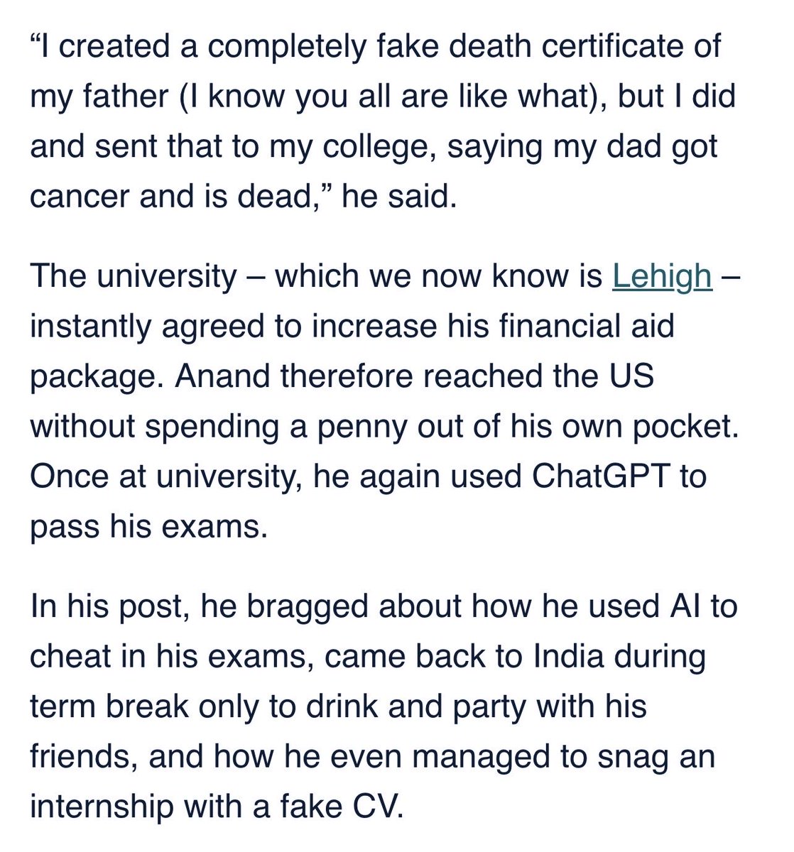 IzzatStatus's tweet photo. Lazy jeet cannot afford fake degree, embraces his culture and starts scamming.

Uses AI to fool retarded US foids who run admissions.

Gets a free ride, but $500 meal plan is low izzat move; uses jugaad to fake dad’s death.

Cannot resist gloating, gets exposed, loses everything. https://t.co/eQ8QApQH0V