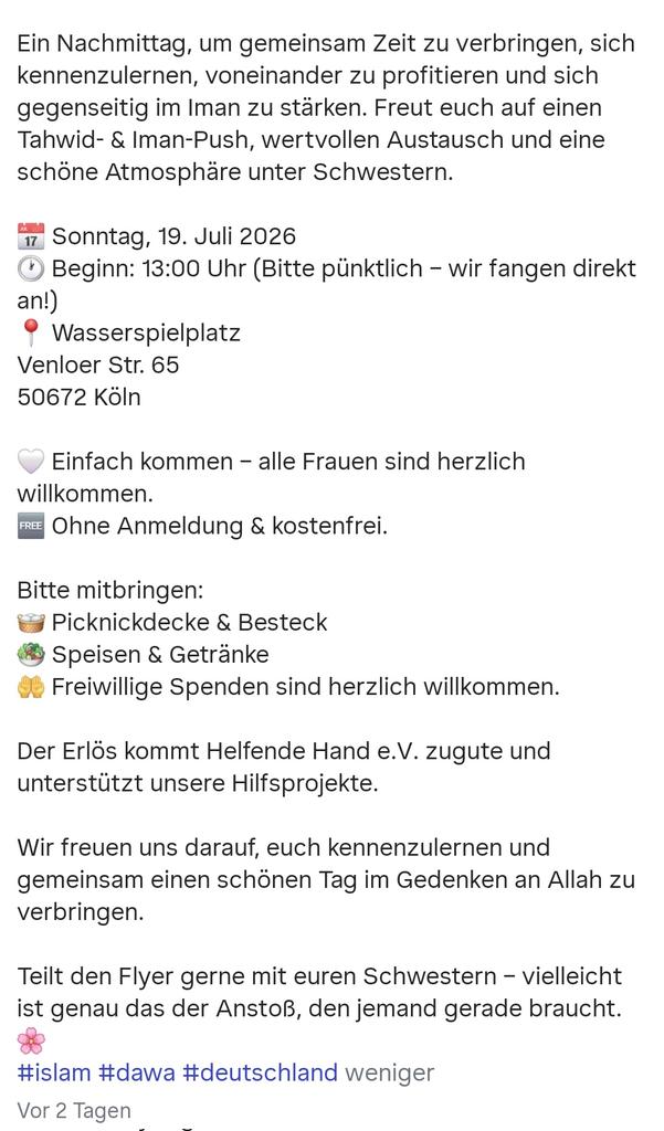 KoelnAnonymous's tweet photo. Erst die Razzia wegen eines Hamas-Symbols, jetzt das: Die Salafistin #HannaHansen plant am 19.07. ein „Picknick“ auf einem Kölner Kinder-Wasserspielplatz. Ein sicherer Rückzugsort für Familien darf nicht für Extremismus missbraucht werden! Hoffentlich greift die Polizei durch. https://t.co/iStwoWD5Mk