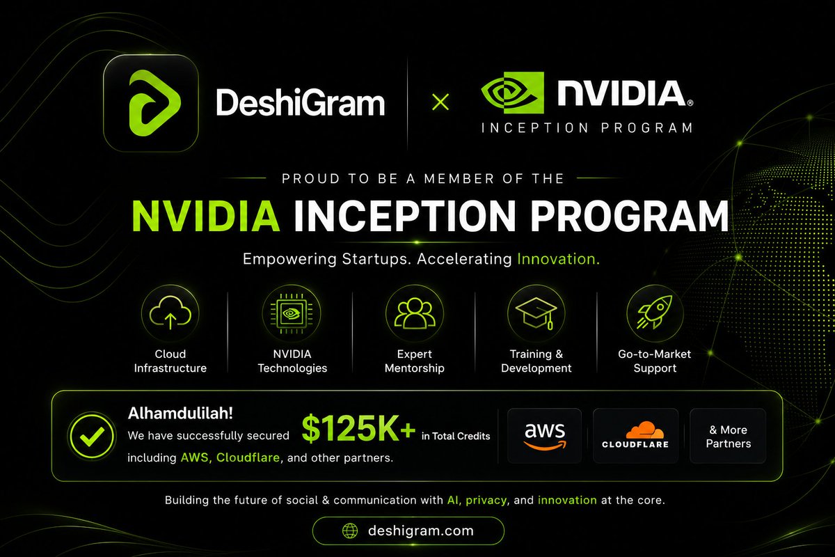 DeshiChainOrg's tweet photo. We're proud to announce that @DeshiGram is now an official member of the NVIDIA Inception Program.

NVIDIA Inception is a global program that supports AI startups with access to cutting-edge technologies, technical resources, training, mentorship, and go-to-market opportunities.

Alhamdulillah, alongside this milestone, we've also secured $125K+ in infrastructure and startup credits from leading technology partners, including @awscloud , @Cloudflare , @googlecloud, @posthog, @DeepgramAI  and more.

This marks another step forward in our mission to build a next-generation, privacy-first social & communication platform from Bangladesh for the world.

Privacy by Architecture. Freedom by Design. 💚

#DeshiGram #NVIDIAInception #AI #Startup #Privacy #Innovation #Bangladesh