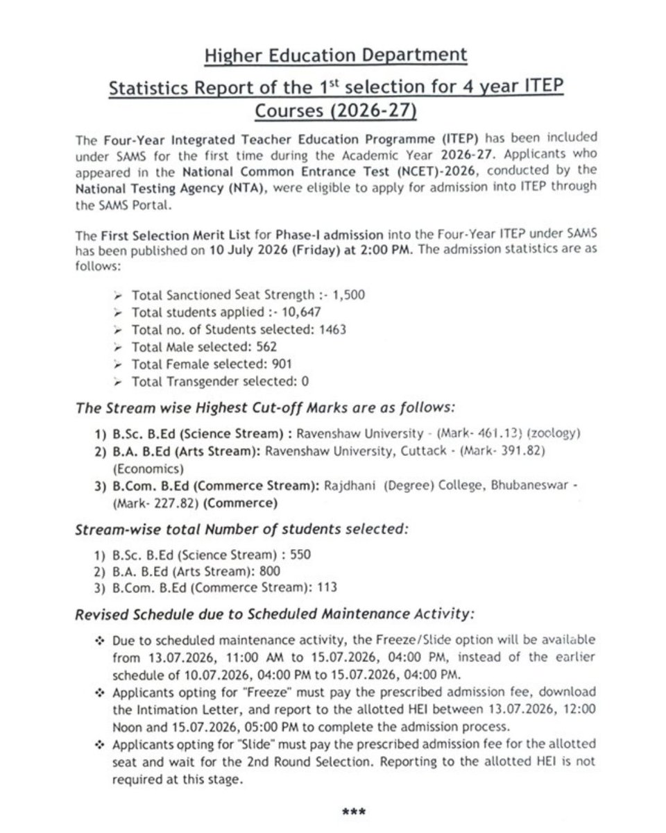 DHE_Odisha's tweet photo. ITEP 2026–27: First Selection List Published
Candidates can check their allotment on the SAMS Portal. Please follow the revised admission schedule for Freeze/Slide options and admission formalities.
@CMO_Odisha @suryabanshibjp @IPR_Odisha
#ITEP #SAMS #HigherEducation https://t.co/x2Aj2zhFkL