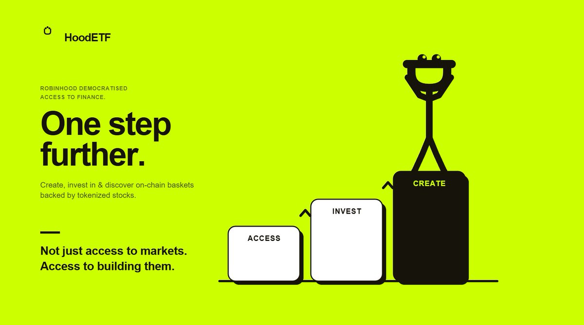 Hood_ETF's tweet photo. Robinhood is democratising access to finance.

HoodETF is taking that one step further.

We’re building the layer where anyone can create, invest in, and discover on-chain ETFs and hedge fund-style baskets backed by tokenized stocks.

Not just access to markets.

Access to building the products themselves.

@vladtenev come check us out how we are building the new layer of tradfi onchain.