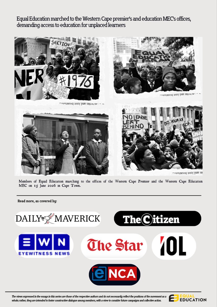 equal_education's tweet photo. [Education Series] 📑 This month Equal Education took to the streets, to Parliament, and to the courts.

Click on the link to read: 
https://t.co/iioyOHdRUg

We demanded access for unplaced learners in the Western Cape, reflected on 50 years since 1976, and brought youth together at Constitution Hill for accountability in education.

We also tracked key wins, The Constitutional Court ruled the sale of Tafelberg School unlawful, and found the Copyright Act unconstitutional for lacking accessible formats.

Our fight is for every learner, in every classroom, in every community.
#EducationSeries #UnplacedLearners #YouthVoice