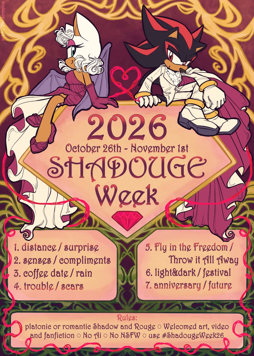 NeoShadougeWeek's tweet photo. It's that time again!
Releasing 2026's #Shadougeweek prompt list! 

The lovely artwork was provided by the amazing @punkinspice5

Mark your calendars for the date, October 26th! See you then 🤍🦇🖤🦔

#Shadouge #Shadougeweek26 https://t.co/3rGb7PM9V2