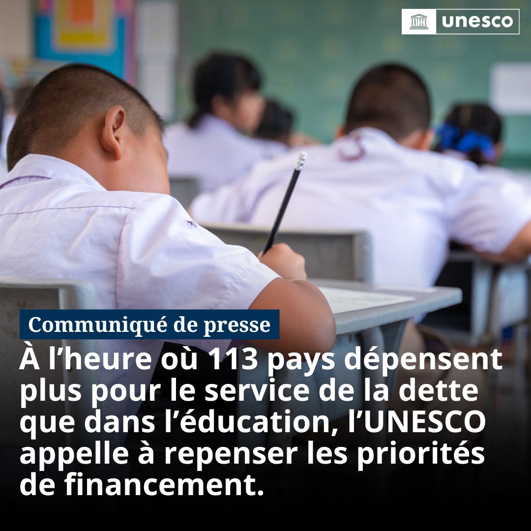 UNESCO_fr's tweet photo. Quatre ans après l’historique Sommet sur la transformation de l'éducation convoqué par le Secrétaire général de l'@ONU_fr, l'@UNESCO_fr réunit des dirigeants du monde entier afin d’identifier des solutions à la crise du financement de l'éducation. 

Alors que de nouveaux chiffres montrent que l'aide internationale à l'éducation pourrait diminuer de 30 % entre 2023 et 2027, et que 113 pays consacrent davantage de ressources au service de leur dette qu'à l'éducation, l'#UNESCO publie des recommandations concrètes pour aider les pays à échapper au piège de la dette et à investir dans l'éducation.

https://t.co/W49Hd3oZ4s
