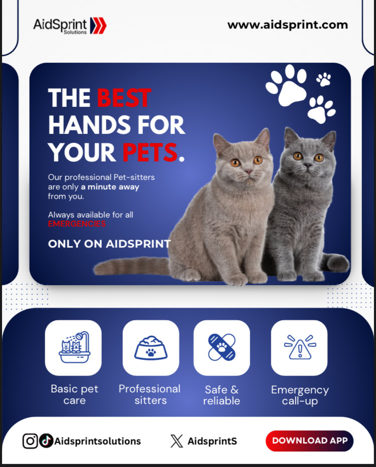 AidsprintS's tweet photo. The best hands 🙌🏾 for your pets is just a minute away. 
.
.
AidSPrints professional pet sitters, are always ready for basic care and emergency call ups,  your furry friends stay safe, loved, and looked after.
.
.
Download the "Aidsprint Solution"
App now .
.
.
#Aidsprintsolutions https://t.co/GnenUV8hug