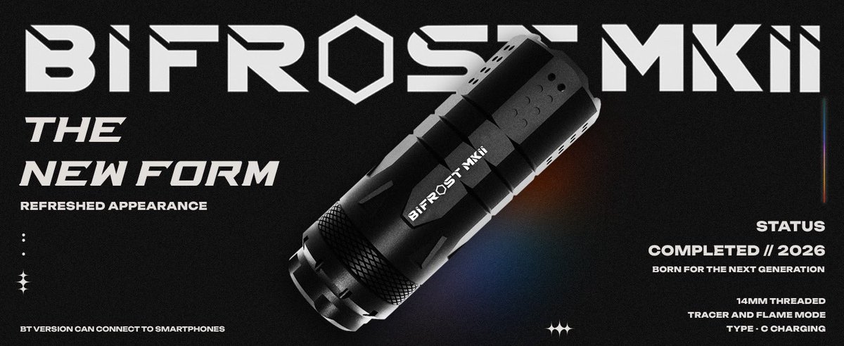 AcetechTw's tweet photo. BIFROSTが、新たな姿で登場!
外装デザインを一新した「BIFROST MKII」、本日発売
愛銃を彩る、虹色のマズルフラッシュ
詳しく:
https://t.co/nuOCssTkMC
#ACETECH #BIFROSTMKII #BIFROST #サバゲー #トレーサー https://t.co/iAPLWHm18P