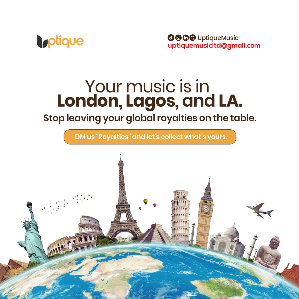 uptiquemusic's tweet photo. Your music is in London, Lagos, and LA. Is your money? Stop leaving global royalties on the table. 
DM us “Royalties” and let’s collect what’s yours. https://t.co/ETuw6I0Otd