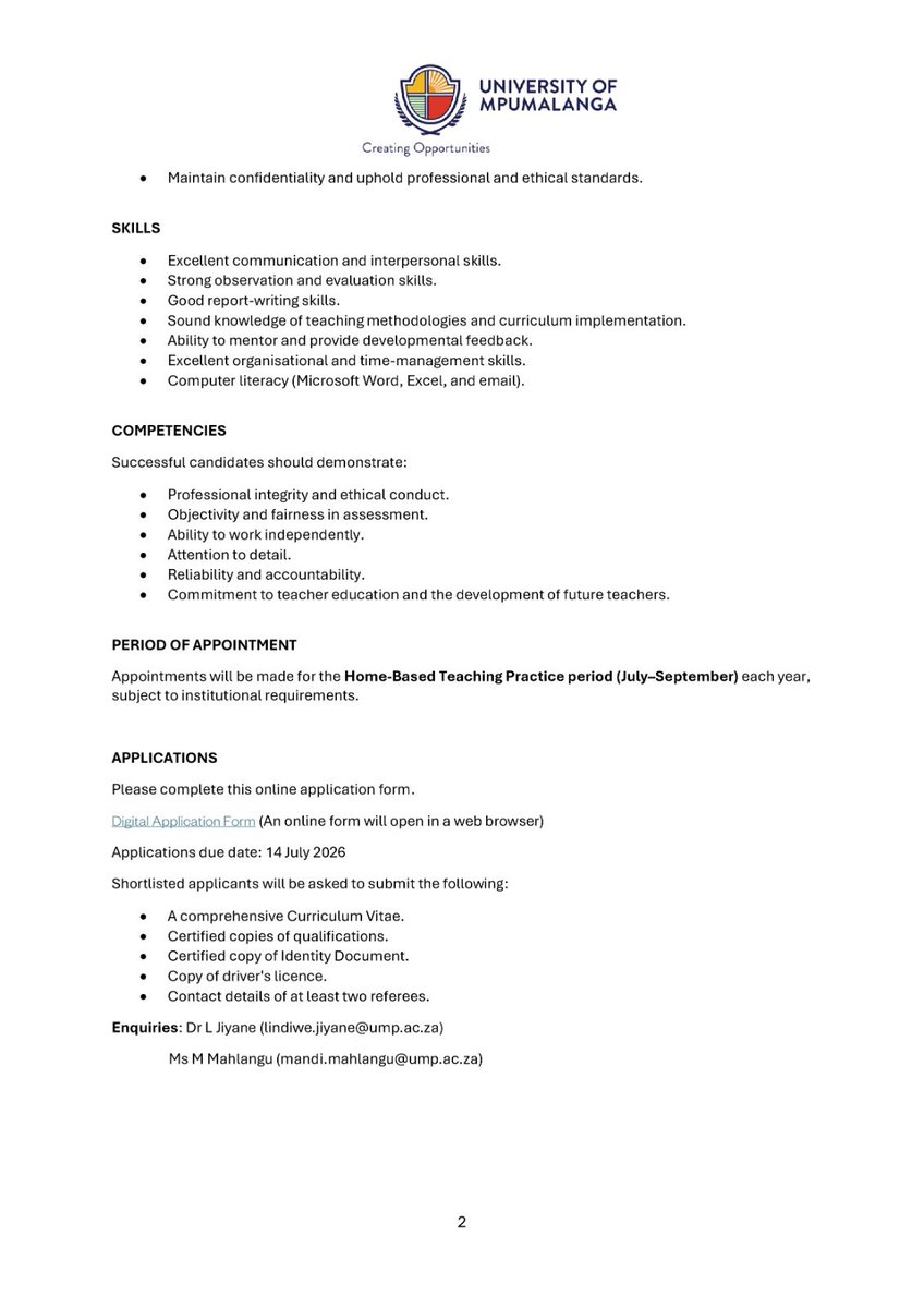 UniMpumalanga's tweet photo. OPPORTUNITY | The University of Mpumalanga seeks to appoint, Teaching Practice Assesors (Home-Based Teaching Practice in the Faculty of Education). 

To apply, complete the online application form 👉🏾 https://t.co/gaz2bSM6xl https://t.co/xPiS2URaDE