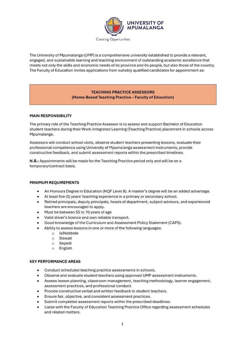 UniMpumalanga's tweet photo. OPPORTUNITY | The University of Mpumalanga seeks to appoint, Teaching Practice Assesors (Home-Based Teaching Practice in the Faculty of Education). 

To apply, complete the online application form 👉🏾 https://t.co/gaz2bSM6xl https://t.co/xPiS2URaDE
