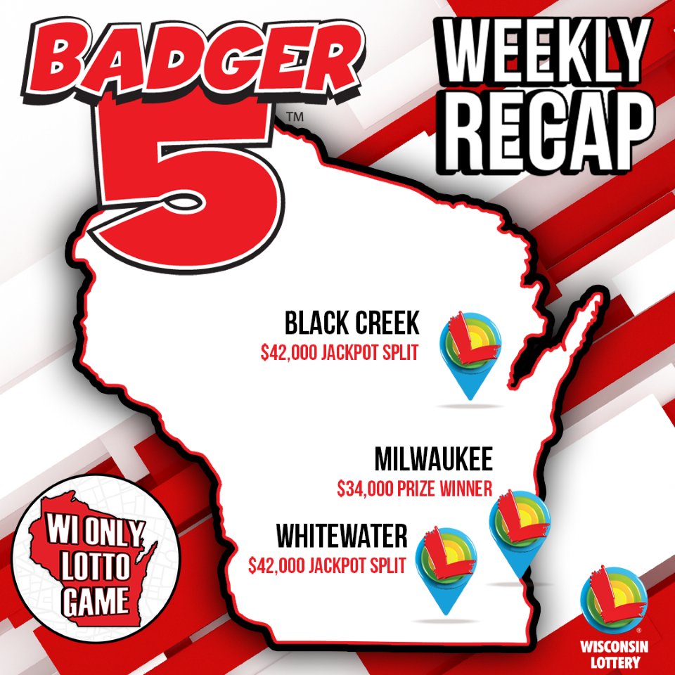 wilottery's tweet photo. #Badger5WeeklyRecap
It was another fun week of Badger 5 wins.
A winning $34,000 #Badger5Jackpot ticket was sold at Pick N Save on 250 W. Holt Ave. in #Milwaukee for the 07/03 drawing.
Later in the Badger 5 week, a $42,000 #Badger5jackpot was split between winning tickets purchased at Kwik Trip on 837 S. Janesville St. in #Whitewater and Black Creek Convenience on 606 S. Main St. in #BlackCreek for the 07/07 drawing.
Congrats to the winners. Welcome to WINsconsin.
Learn more about Badger 5 at https://t.co/syfa2G4fL5