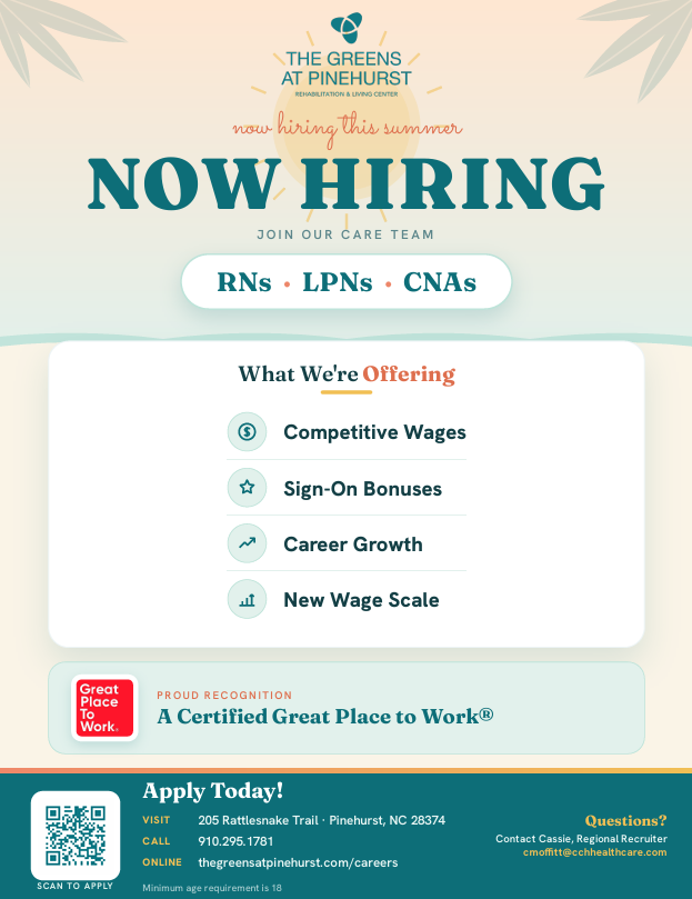 the_pinehurst's tweet photo. At The Greens at Pinehurst Rehabilitation &amp; Living Center, we're looking for compassionate, dedicated professionals to join our growing care team this summer. If you're an RN, LPN, or CNA, this could be the opportunity you've been waiting for! https://t.co/kNkY5V4hla
