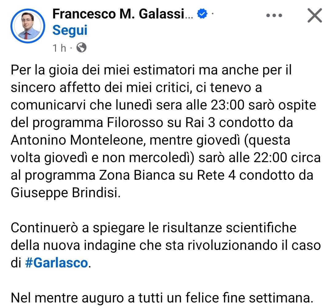 ___soleluna's tweet photo. Gli appuntamenti con il #profGalassi
#filorosso lunedì rai3
#zonabianca giovedì r4
#Garlasco
Per la gioia di tutti ...😉👊 https://t.co/6tQLs1VHpF